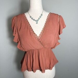 Abercrombie Fitch Rust Orange Lace Trim Flutter Sleeve Peplum Blouse Top M